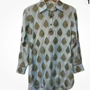 Bella Tu popover tunic Blue gold Small classy contemporary casual artsy